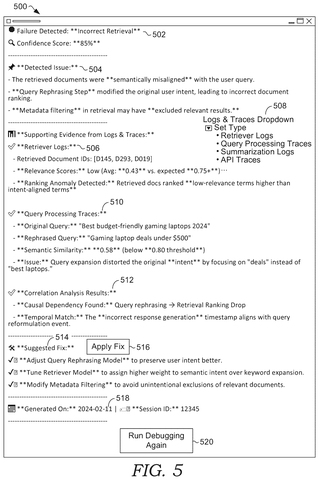 Debugging report for AI system failures., drawing sheet 5 from US 2026/0277936 A1