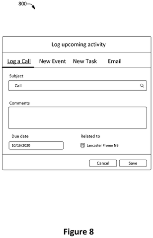 Logging an upcoming sales call., drawing sheet 8 from US 2026/0277938 A1
