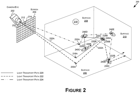 Light transport paths in a virtual environment., drawing sheet 2 from US 2026/0278915 A1