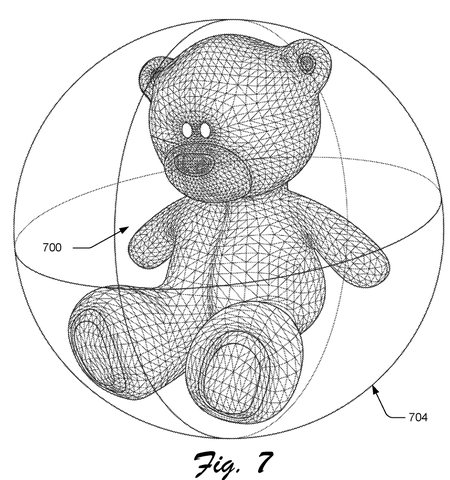 Wireframe teddy bear in sphere, drawing sheet 7 from US 2026/0278938 A1