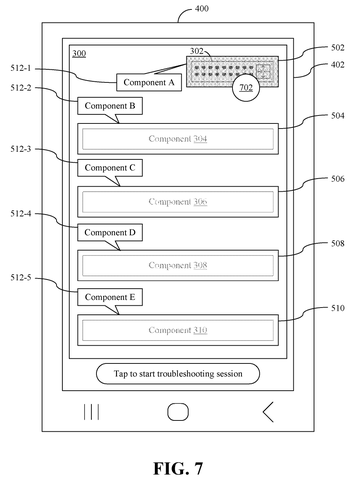 Smartphone with AR component labels and fault, drawing sheet 7 from US 2026/0279081 A1