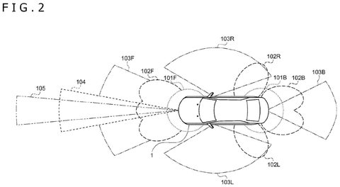 Vehicle sensor detection ranges, drawing sheet 2 from US 2026/0279327 A1