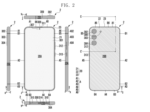 Smartphone front, back, side views., drawing sheet 2 from US 2026/0280129 A1