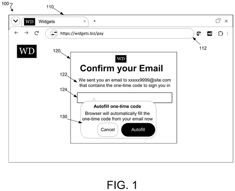 Browser autofilling one-time code, drawing sheet 1 from US 2026/0281123 A1