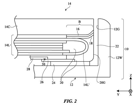 Cross-section of a device's edge with internal components., drawing sheet 2 from US 2026/0281220 A1