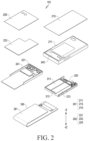 Exploded view of folding phone, drawing sheet 2 from US 2026/0281222 A1