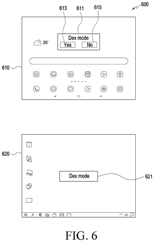 Phone screen with Dex mode prompt., drawing sheet 7 from US 2026/0281231 A1