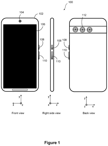 Smartphone front, side, and back., drawing sheet 1 from US 2026/0281550 A1