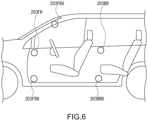 Side view of in-vehicle sound locations., drawing sheet 6 from US 2026/0285347 A1