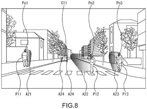 Street scene with pedestrians and car., drawing sheet 8 from US 2026/0285347 A1