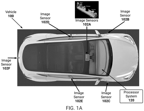 Tesla vehicle with image sensors., drawing sheet 1 from US 2026/0285363 A1