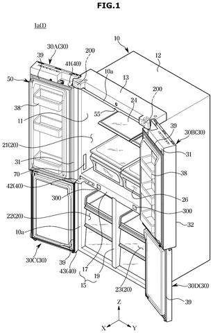 Refrigerator with open doors, drawing sheet 1 from US 2026/0287246 A1