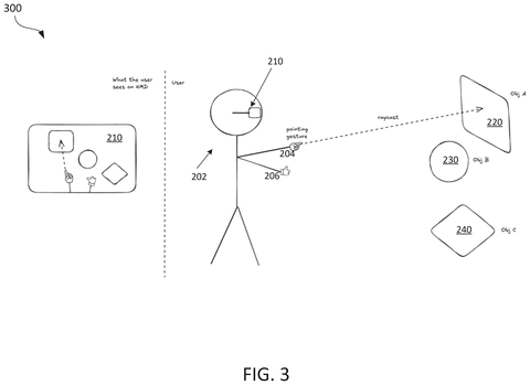 Person pointing at multiple virtual objects., drawing sheet 3 from US 2026/0288246 A1