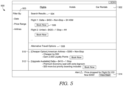 Flight search results and deals, drawing sheet 5 from US 2026/0288894 A1