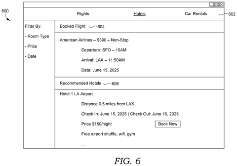 Booked flight and hotel recommendations, drawing sheet 6 from US 2026/0288894 A1