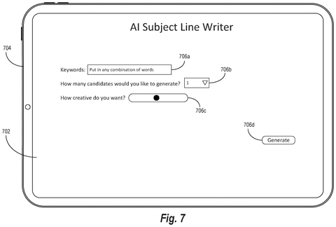 AI subject line writer interface., drawing sheet 7 from US 2026/0289188 A1