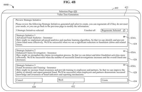 Selection page for generated strategic initiatives., drawing sheet 7 from US 2026/0289466 A1