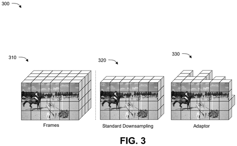 Video frames processed by an adaptor., drawing sheet 3 from US 2026/0289822 A1