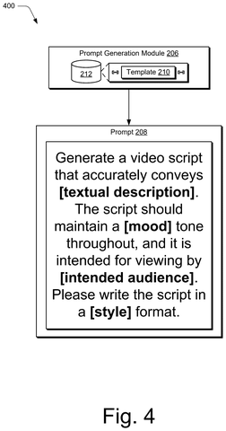 Prompt for video script generation, drawing sheet 4 from US 2026/0290399 A1