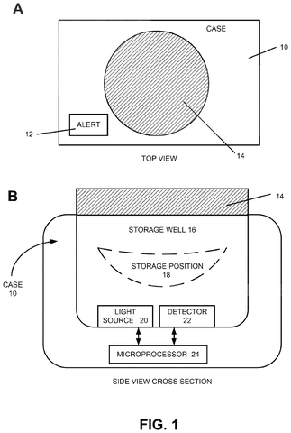 Single contact lens case with sensors., drawing sheet 1 from US 2026/0294060 A1
