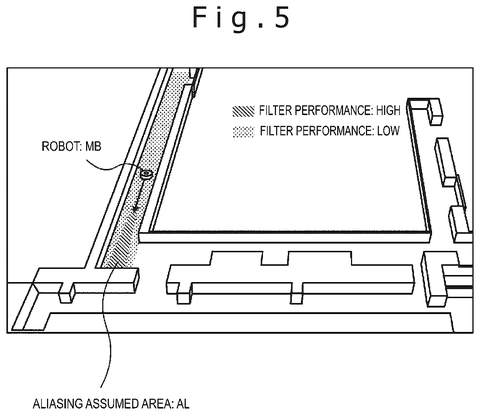 Robot navigating an area with varying filter performance., drawing sheet 5 from US 2026/0301360 A1
