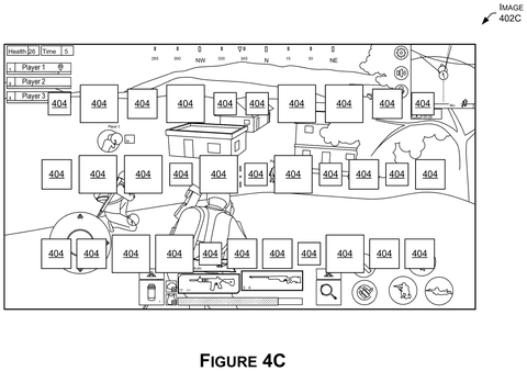 Game screenshot with object overlays., drawing sheet 7 from US 2026/0301378 A1