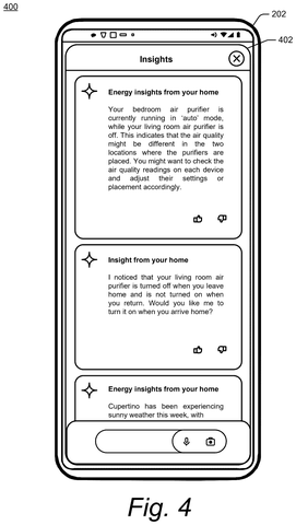 Phone screen showing home insights., drawing sheet 4 from US 2026/0303401 A1