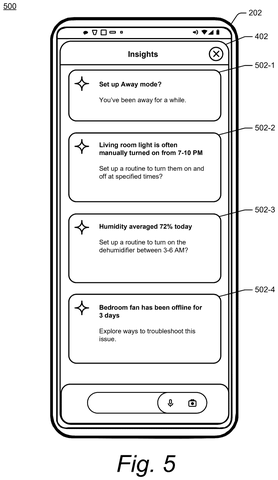 Phone screen showing suggested actions., drawing sheet 5 from US 2026/0303401 A1