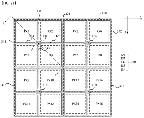 Pixel array layout with shared photodiodes, drawing sheet 2 from US 2026/0304972 A1
