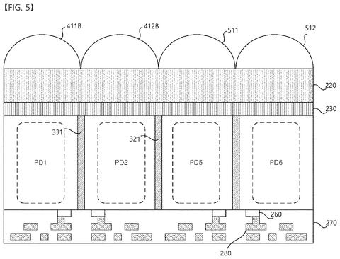 Cross-section of pixel array with lenses, drawing sheet 7 from US 2026/0304972 A1