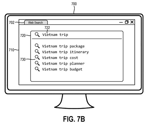 Search bar with autocomplete options, drawing sheet 8 from US 2026/0310694 A1