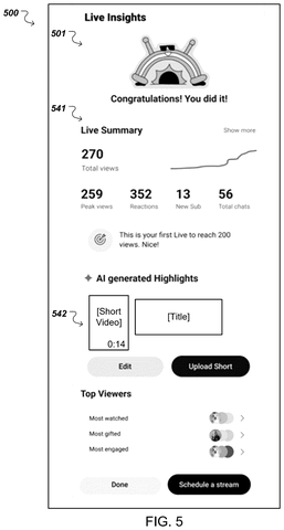 Livestream summary and suggested highlight, drawing sheet 5 from US 2026/0313209 A1