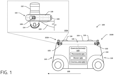 Self-driving taxi with rooftop cameras, drawing sheet 1 from US 2026/0313243 A1
