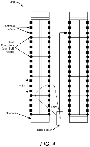 Store aisle with electronic tags, drawing sheet 6 from US 2026/0313411 A1